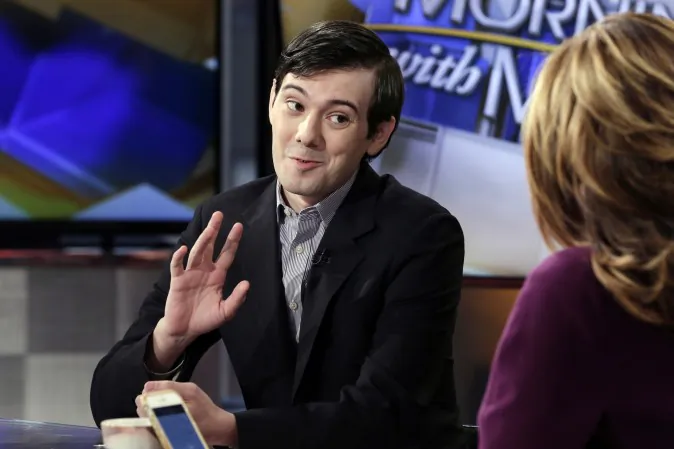 Former Turing Pharmaceuticals CEO Martin Shkreli is interviewed by host Maria Bartiromo during her "Mornings with Maria Bartiromo" program on the Fox Business Network, in New York, on Feb. 2, 2016. (AP Photo/Richard Drew)
