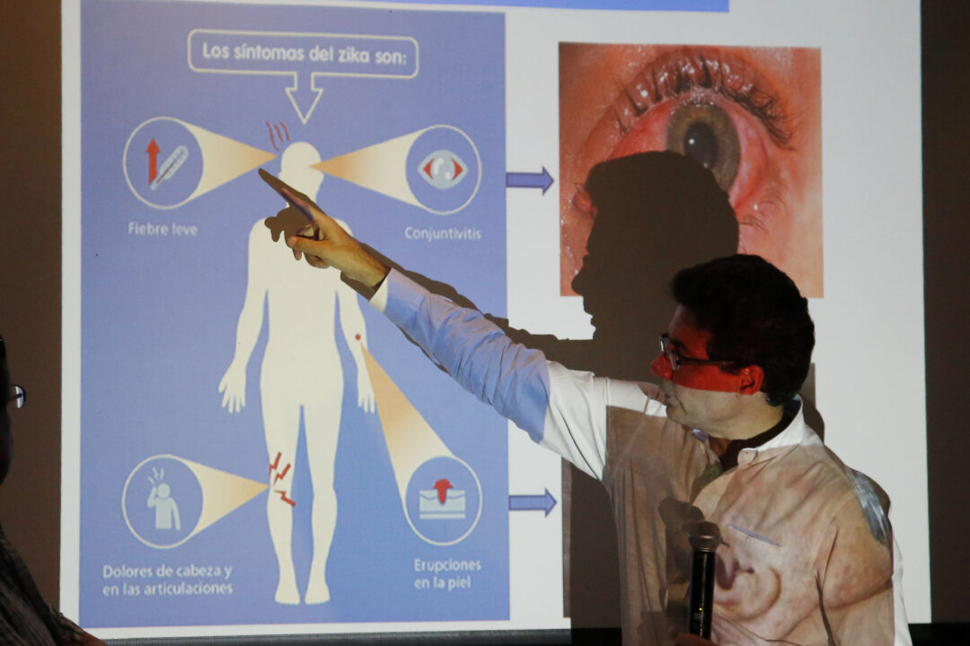 Colombia's Health Minister Alejandro Gaviria explains the symptoms of Zika during an event to launch a nationwide prevention campaign against the virus in Ibague, Colombia, on Jan. 26, 2016. Gaviria said the mosquito-borne Zika virus has already infected more than 16,000 people in Colombia and could hit more than half a million throughout the country. (AP Photo/Fernando Vergara)