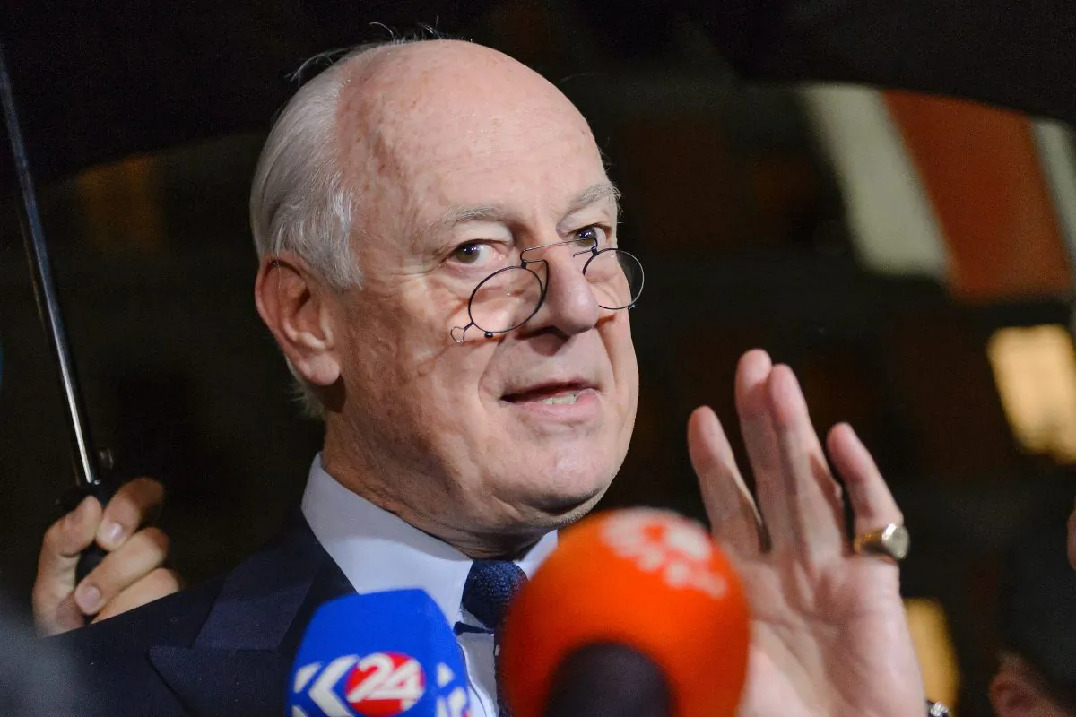 Staffan de Mistura, U.N. envoy for Syria, at a press briefing at the Syrian peace talks in Geneva on Feb. 3, 2016. The UN special envoy for Syria announced on Wednesday a 'temporary pause' until Feb. 25 of troubled talks in Switzerland aimed at ending the civil war. (Fabrice Coffrini/AFP/Getty Images)