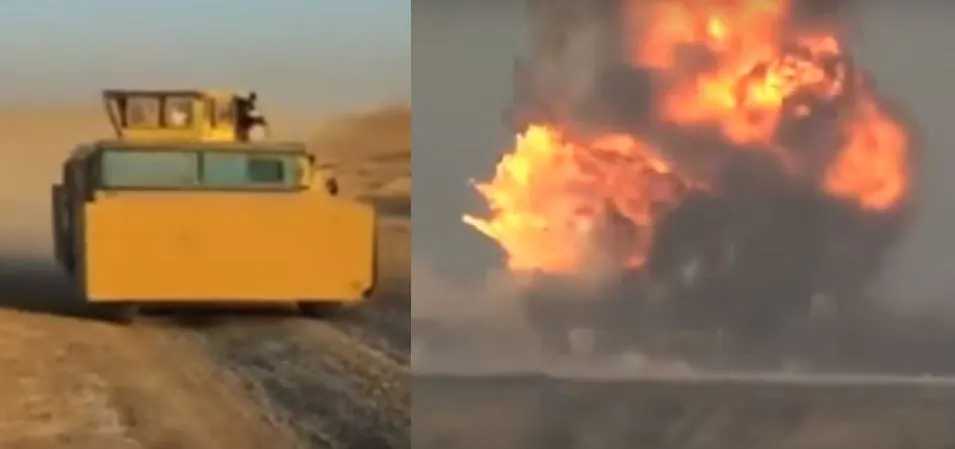 A HMMWV captured by ISIS is shown side-by-side with an image of it being used in a suicide attack. ISIS terrorists are retrofitting vehicles with armor plating, then using them as car bombs. (Screenshot from Islamic State Social Media)