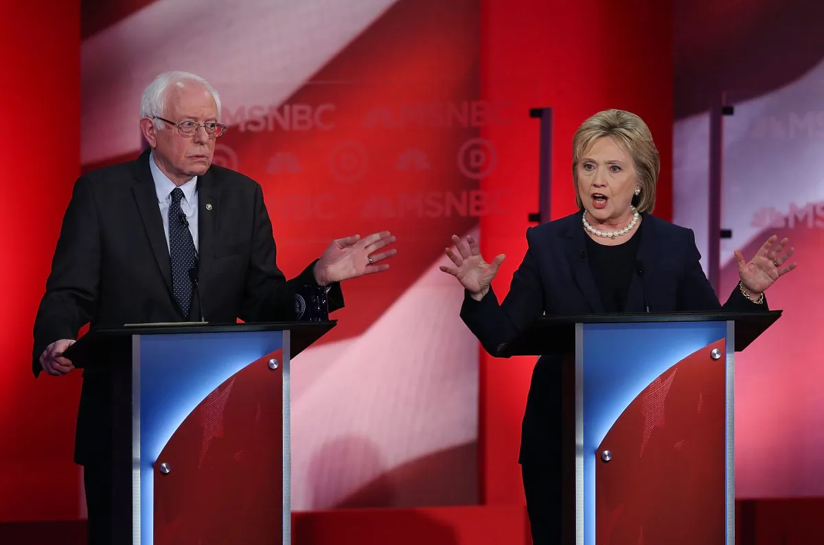 Democratic presidential candidates former Secretary of State Hillary Clinton and U.S. Sen. Bernie Sanders (I-VT) during their MSNBC Democratic Candidates Debate at the University of New Hampshire on February 4, 2016 in Durham, New Hampshire. (Justin Sullivan/Getty Images)