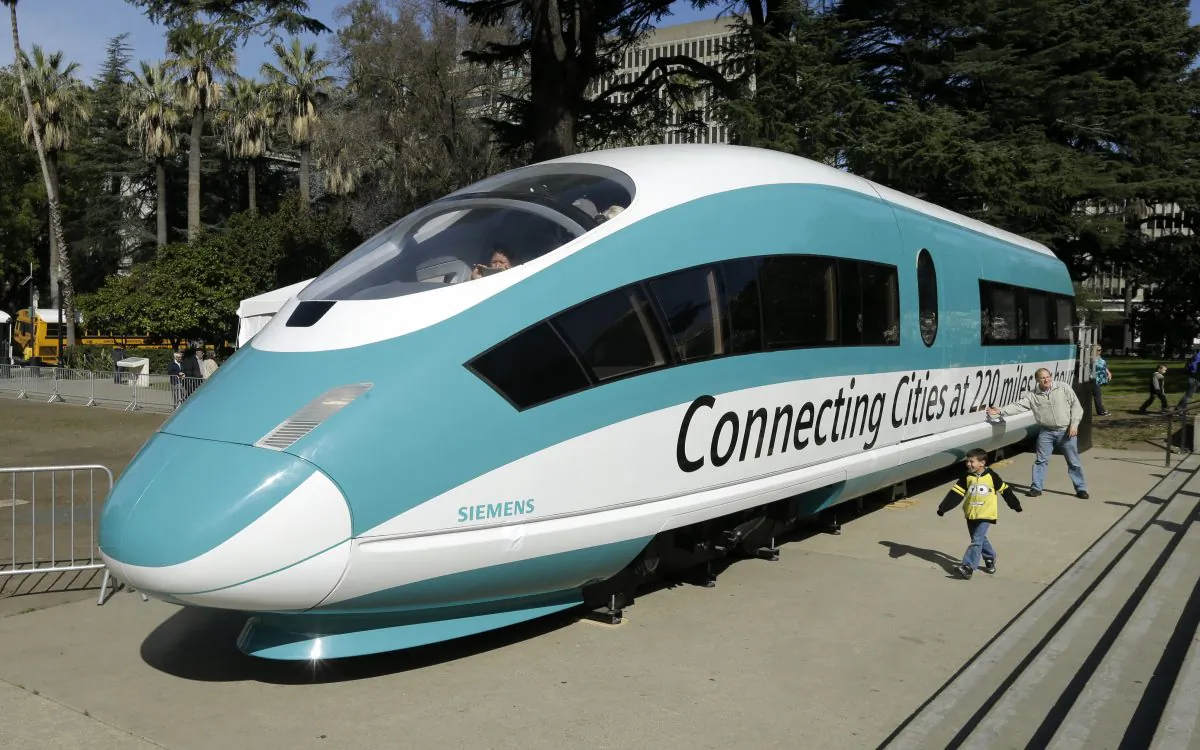 A full-scale mock-up of a high-speed train is displayed at the Capitol in Sacramento, Calif., on Feb. 26, 2015. (Rich Pedroncelli/AP Photo)