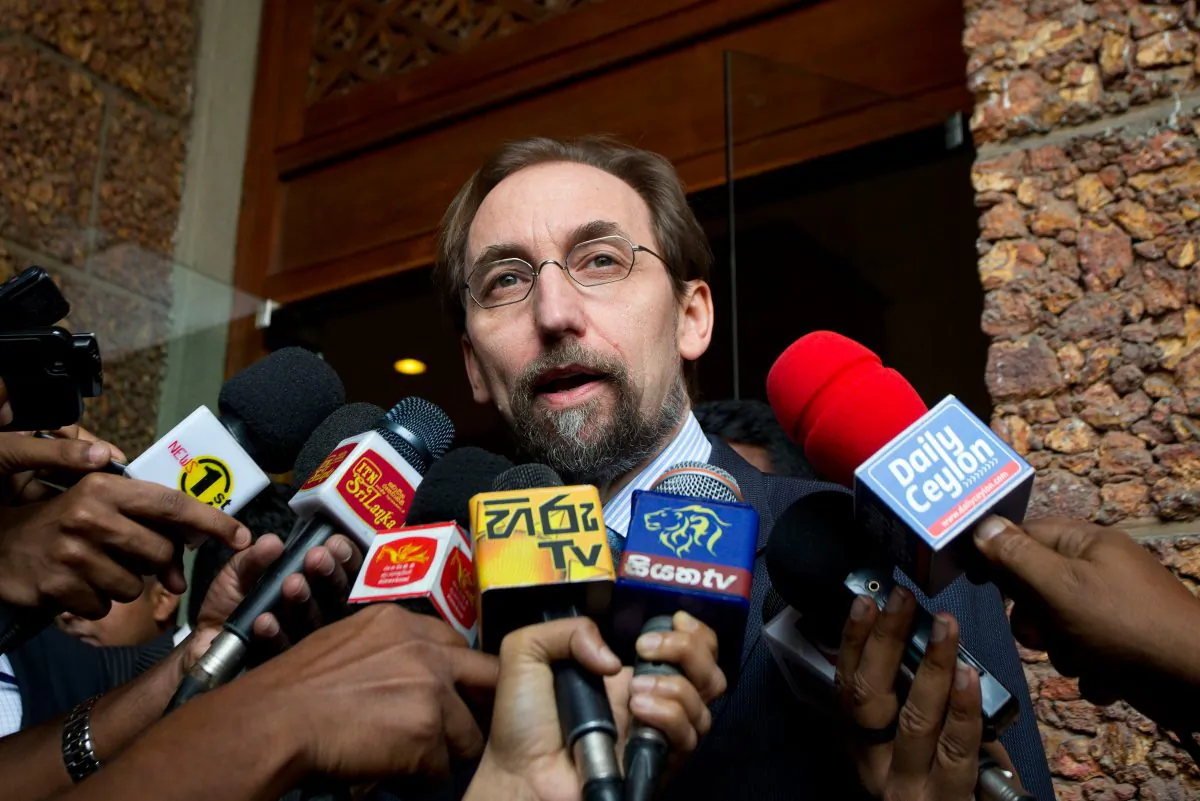 U.N.High Commissioner for Human Rights Zeid Raad al-Hussein speaks to media as he leaves a hotel in Colombo, Sri Lanka, on Feb. 6, 2016. The top U.N. human rights official arrived Saturday in Sri Lanka on a four-day visit aimed at reviewing the measures taken by the island-nation to investigate alleged atrocities committed during the long civil war that left tens of thousands dead.(AP Photo/Eranga Jayawardena)