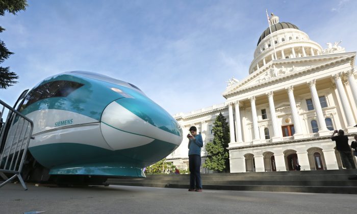 In this file photo, a full-scale mock-up of a high-speed train is displayed at the Capitol in Sacramento, Calif., on Feb. 26, 2015. (Rich Pedroncelli/AP Photo)