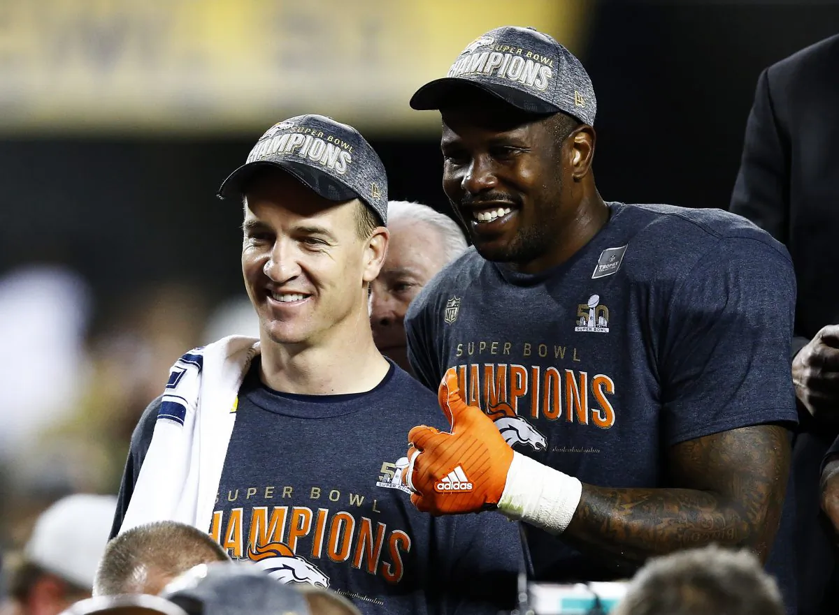 Peyton Manning and Von Miller celebrate after Super Bowl 50 at Levi's Stadium on Feb. 7, 2016 in Santa Clara, California. (Al Bello/Getty Images)