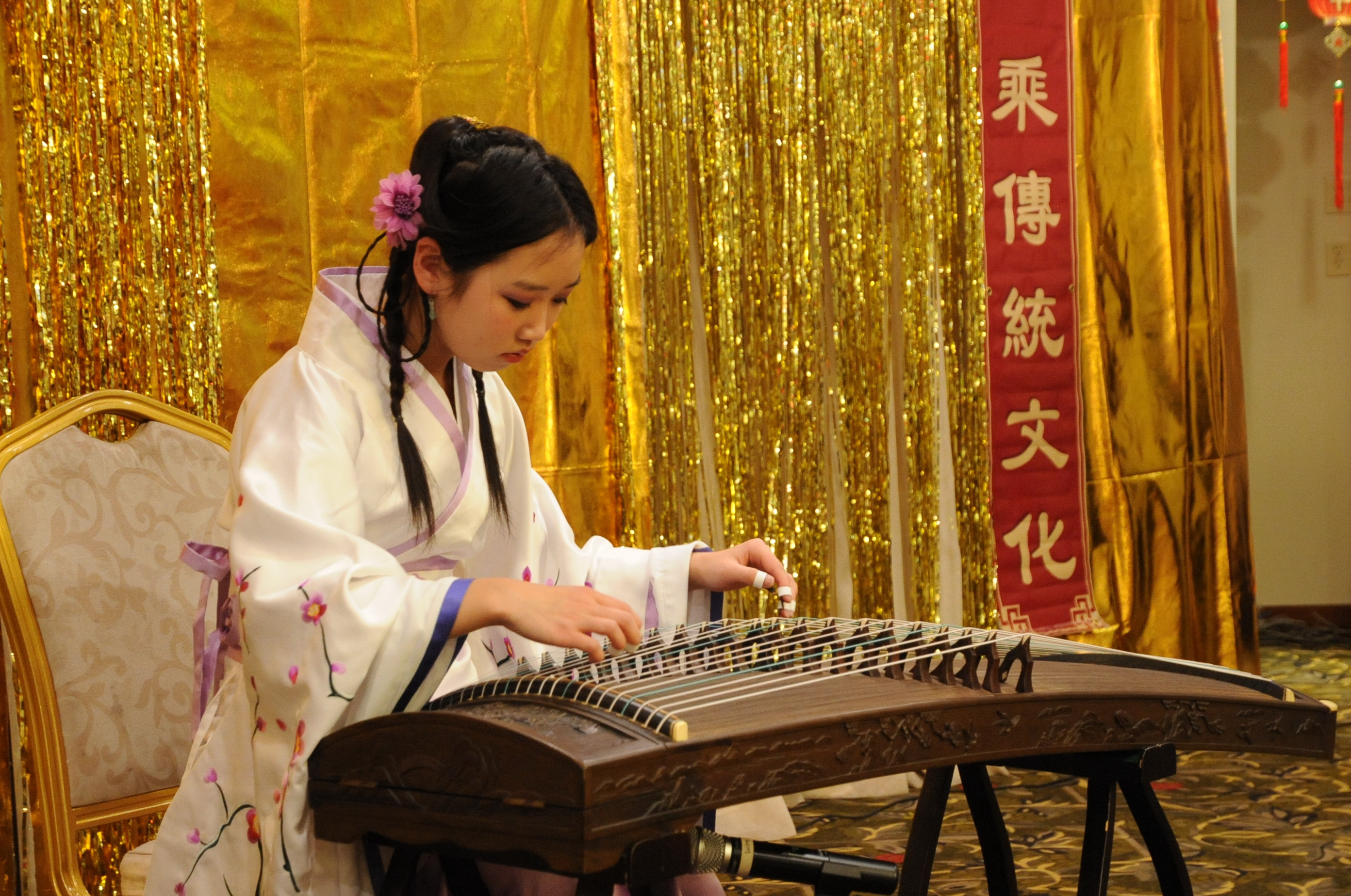 A solo performance with guzheng, an ancient Chinese instrument, at the Epoch Times Chinese New Year celebration event in Edmonton on Feb. 6, 2016 (Jerry Wu/Epoch Times)