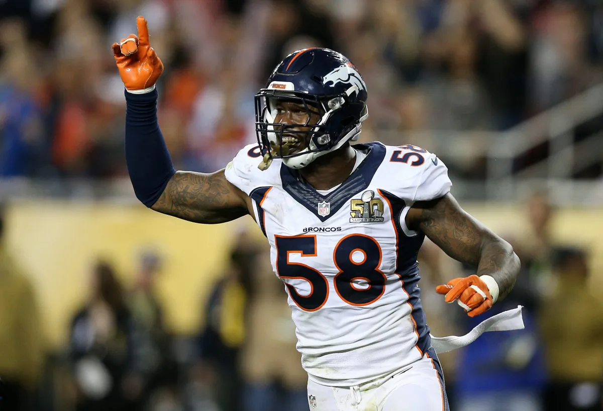 Von Miller's two forced fumbles helped lead the Denver Broncos to a 24–10 win over the Carolina Panthers in Super Bowl 50. (Patrick Smith/Getty Images)