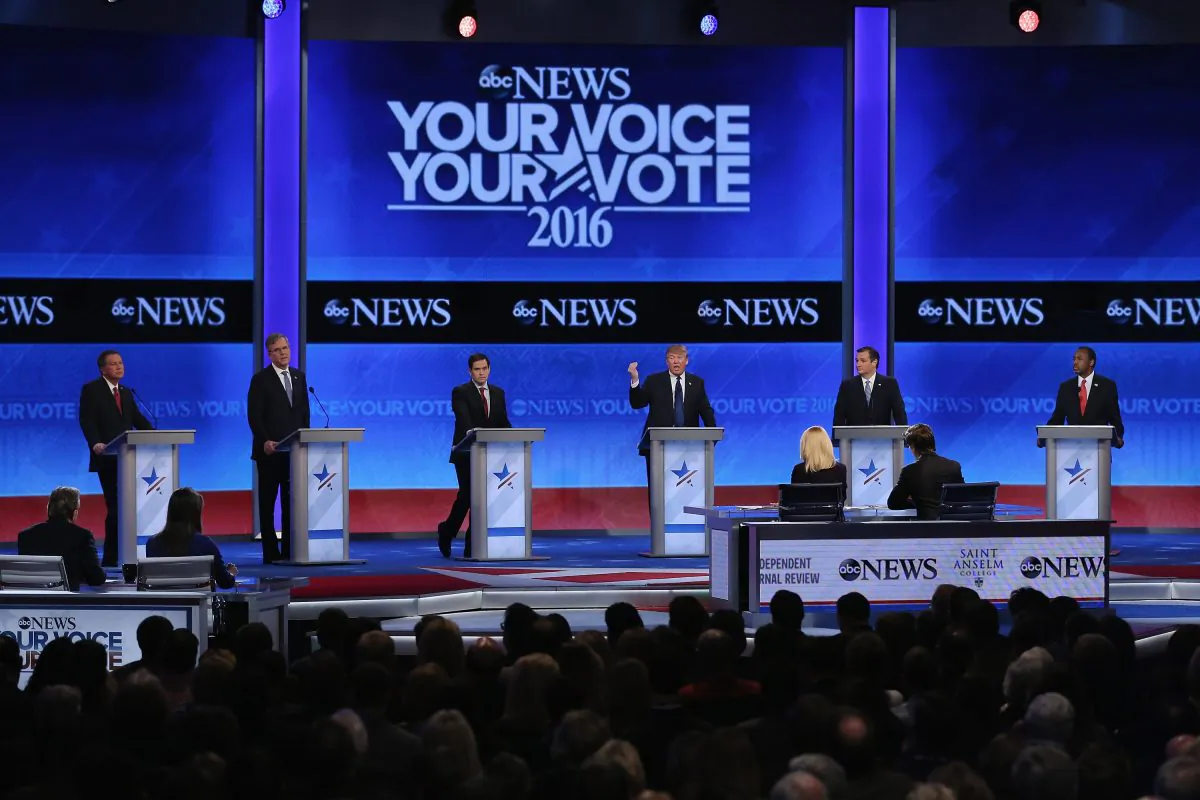 Republican presidential candidates (L-R) Ohio Gov. John Kasich, Jeb Bush, Sen. Marco Rubio (R-Fla.), Donald Trump, Sen. Ted Cruz (R-Texas), and Ben Carson participate in the Republican presidential debate at St. Anselm College in Manchester, N.H., on Feb. 6, 2016. (Joe Raedle/Getty Images)