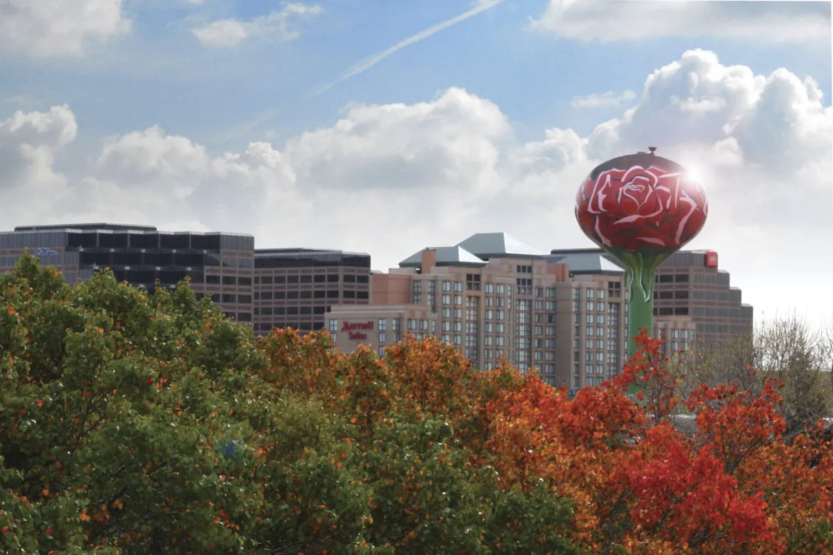 The rose painted water tower in the Village of Rosemont is a landmark for this entertainment suburb located outside of Chicago. (Photo/Courtesy of the Village of Rosemont) 