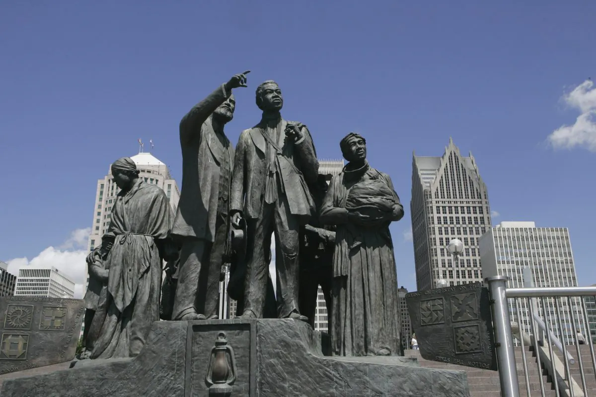 The Underground Railroad Gateway to Freedom Monument is seen in Hart Plaza in Detroit, on June 30, 2011. (AP Photo/Carlos Osorio)