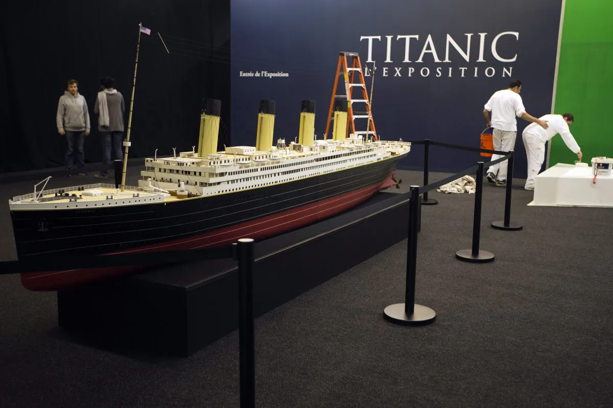 Workers finish setting up an exhibition dedicated to the Titanic, at 'Paris Expo', on May 31, 2013, in Paris.  (JOEL SAGET/AFP/Getty Images)