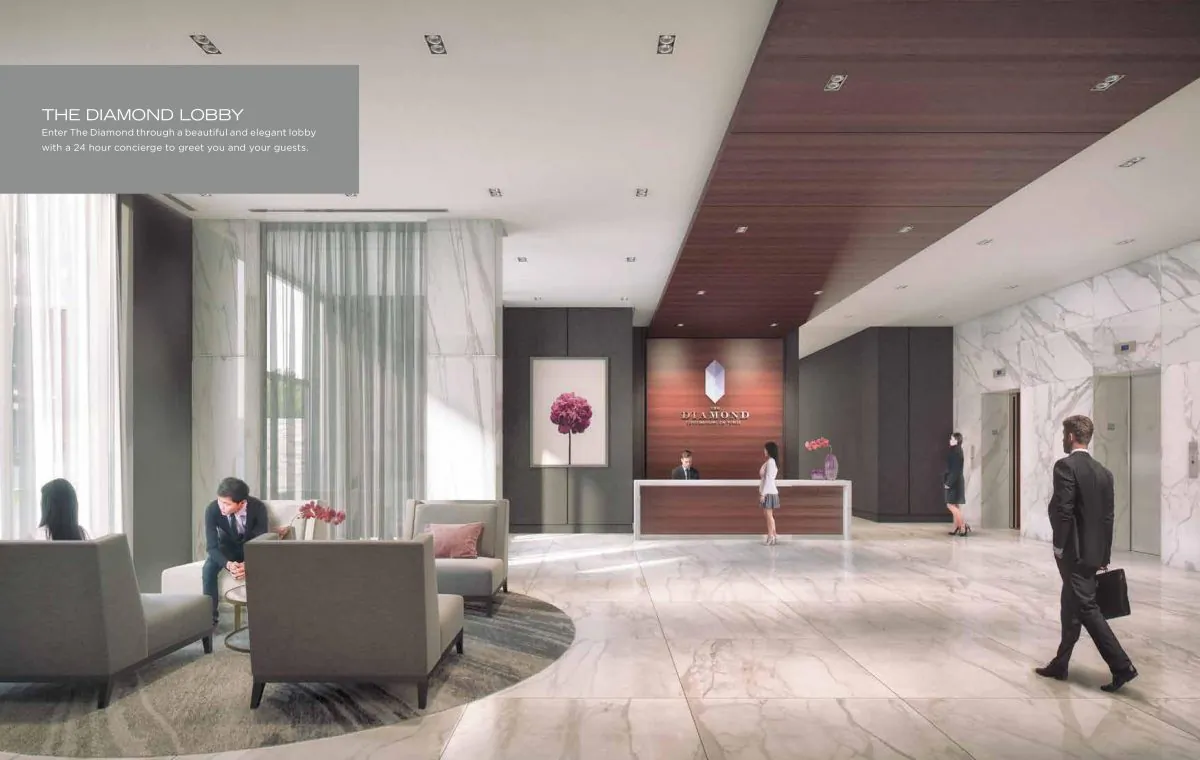 Rendering of the lobby at The Diamond Condominiums on Yonge by Diamante Development Corporation, currently in preconstruction at 75 Canterbury Place, Toronto. (Diamante Development Corporation)
