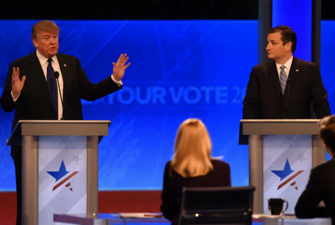 Republican presidential candidates Donald Trump (L) and Ted Cruz (R) participate in the Republican Presidential Candidates Debate on Feb. 6, 2016 at St. Anselm's College Institute of Politics in Manchester, New Hampshire. (JEWEL SAMAD/AFP/Getty Images)