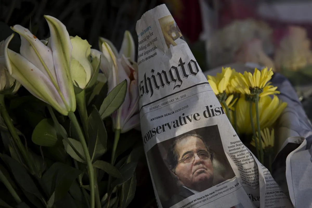 A makeshift memorial for Supreme Court Justice Antonin Scalia is seen at the U.S. Supreme Court in Washington, D.C., on Feb. 14. (Drew Angerer/Getty Images)