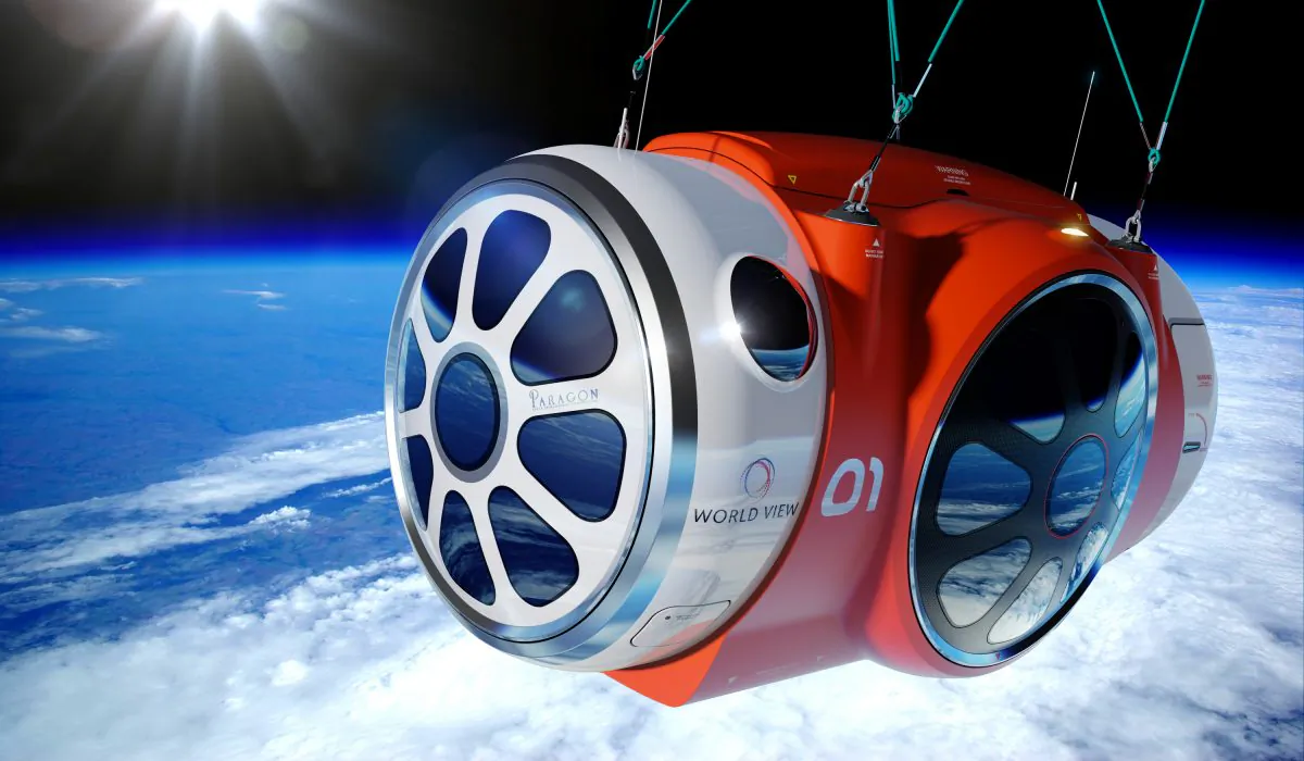 An undated image provided by World View shows an illustration of the World View space capsule which is complete with Wi-Fi, a bar, a lavatory and a 360-degree view. (World View via AP)