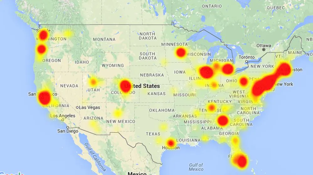 (Downdetector.com + Google Maps)