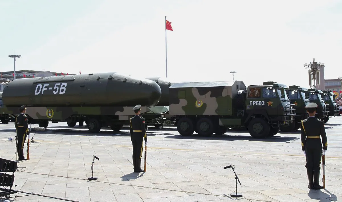 The Chinese military displays its DF-5B missiles during a military parade in Tiananmen Square in Beijing on Sept. 3, 2015. The Chinese regime may put its nuclear forces on "hair-trigger" alert. (Rolex Dela Pena/AFP/Getty Images)