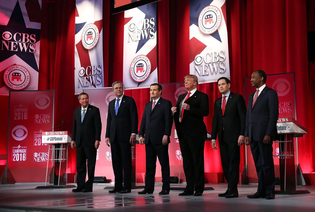 Republican presidential candidates (L-R) Ohio Gov. John Kasich, Jeb Bush, Sen. Ted Cruz (R-Texas), Donald Trump, Sen. Marco Rubio (R-Fla.), and Ben Carson during a CBS News GOP debate at the Peace Center in Greenville, S.C., on Feb. 13, 2016. (Spencer Platt/Getty Images)