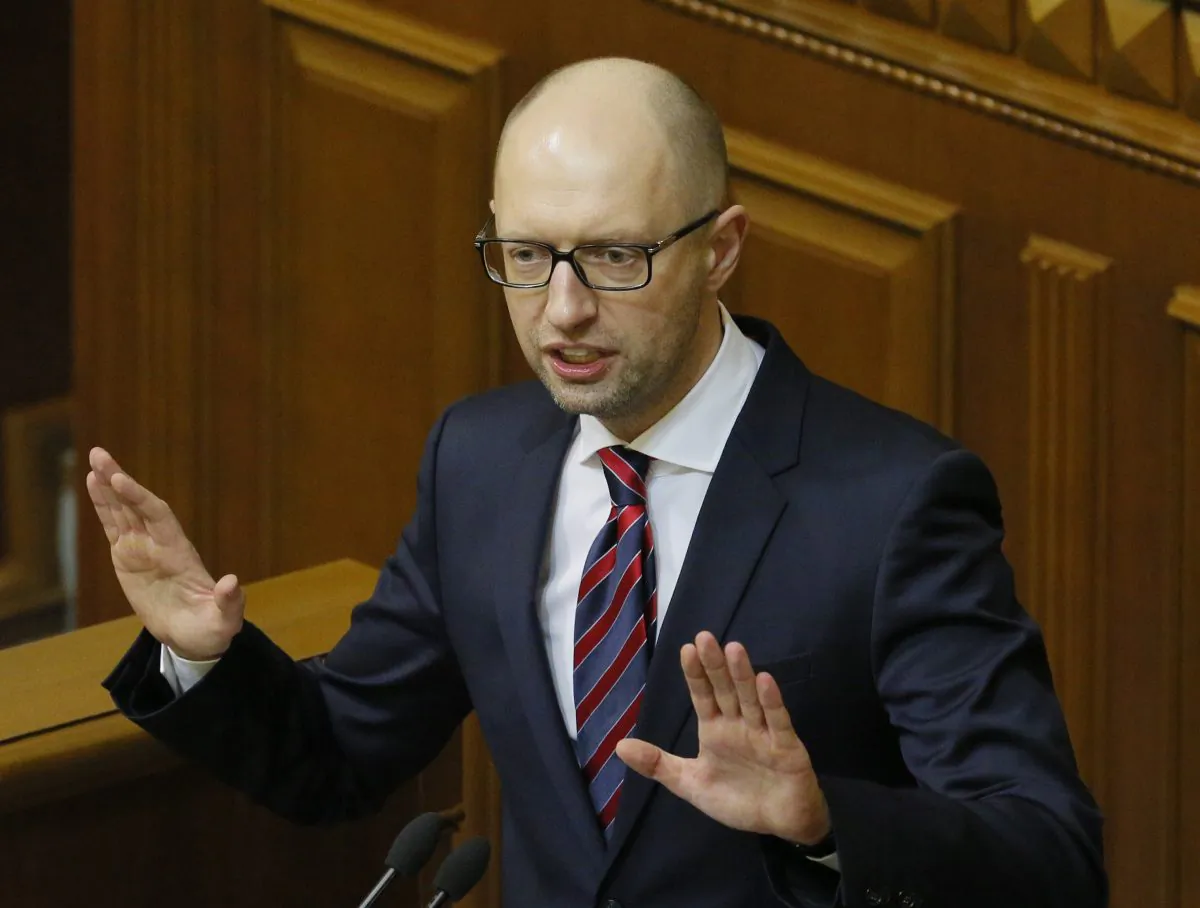 Ukrainian Prime Minister Arseniy Yatsenyuk during an annual report in Parliament in Kyiv, Ukraine, on Feb. 16, 2016. (AP Photo/Sergei Chuzavkov)