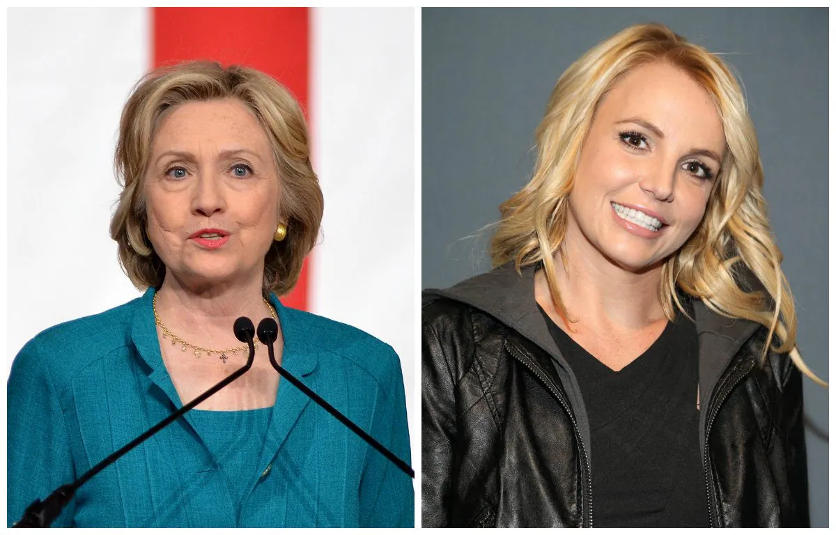 Left: Democratic presidential candidate, former Secretary of State Hillary Rodham Clinton on July 31, 2015, during a campaign stop at Florida International University in Miami. (AP/Gaston De Cardenas)
Right: Britney Spears on Sunday, Feb. 1, 2015 in Glendale, Ariz. (Omar Vega/Invision/AP)