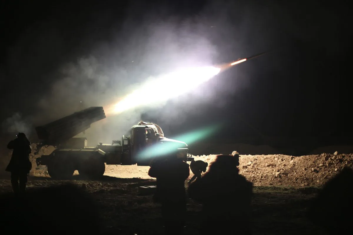 Soldiers from the Syrian army fire a rocket at Islamic State positions in the province of Raqqa, Syria, on Feb. 17, 2016. In recent weeks, Syrian government forces, with Russian air support, captured dozens of villages and towns across the country. (Alexander Kots/Komsomolskaya Pravda via AP)