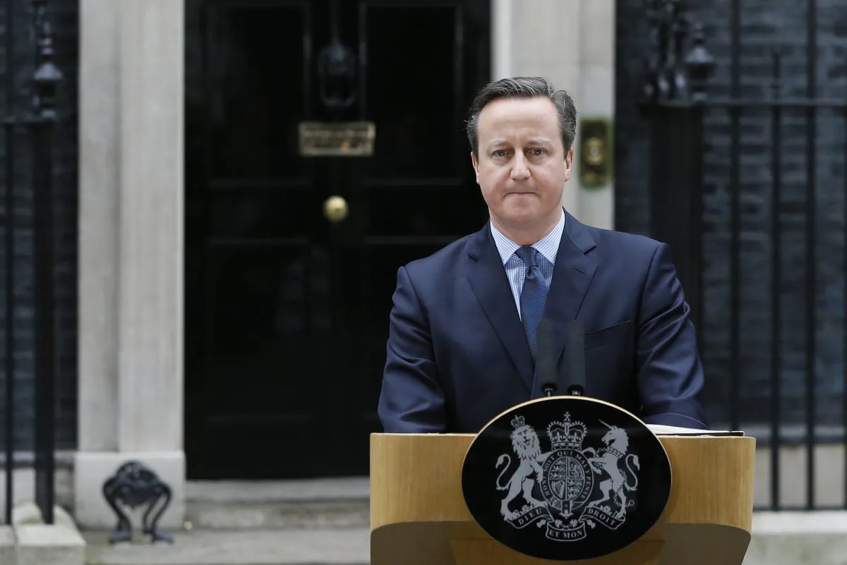 Britain's Prime Minister David Cameron delivers a statement in Downing Street in London, on Feb. 20, 2016. (AP Photo/Kirsty Wigglesworth)