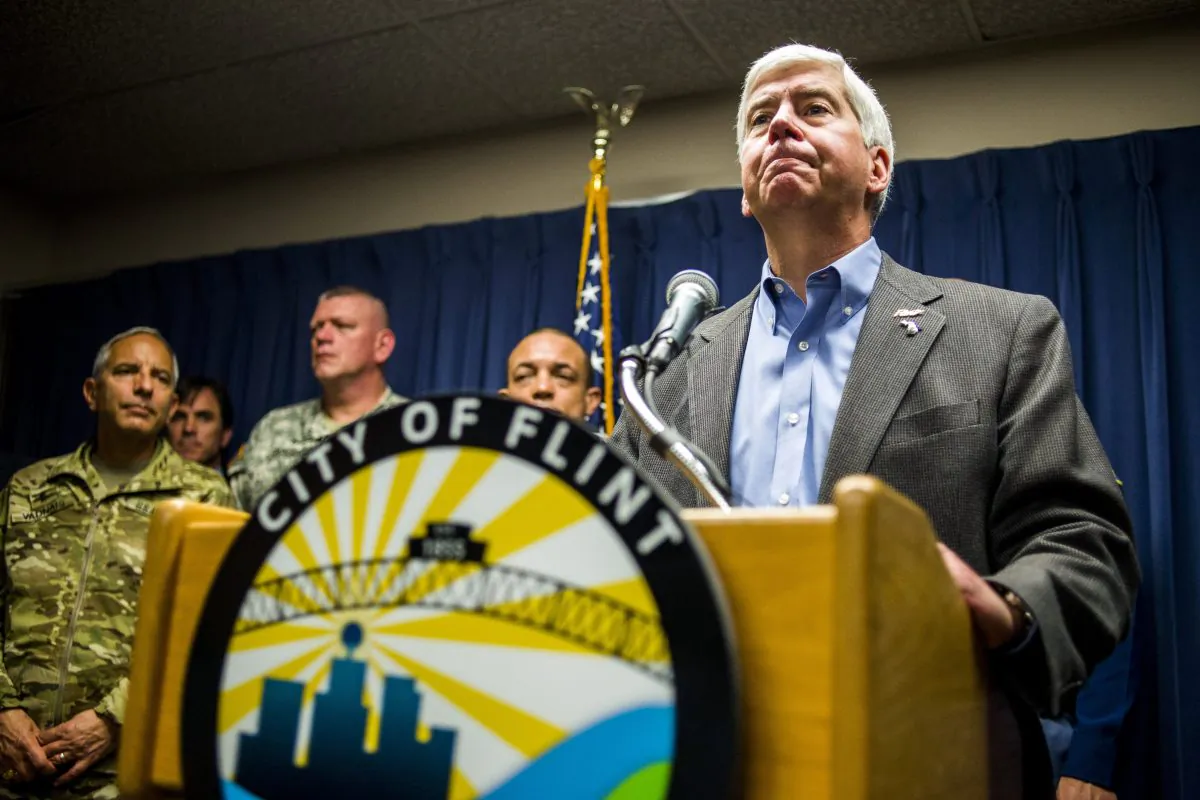 Gov. Rick Snyder speaks about the Flint water crisis during a press conference at City Hall in downtown Flint, Mich., on Jan. 27, 2016. (Jake May/The Flint Journal-MLive.com via AP)