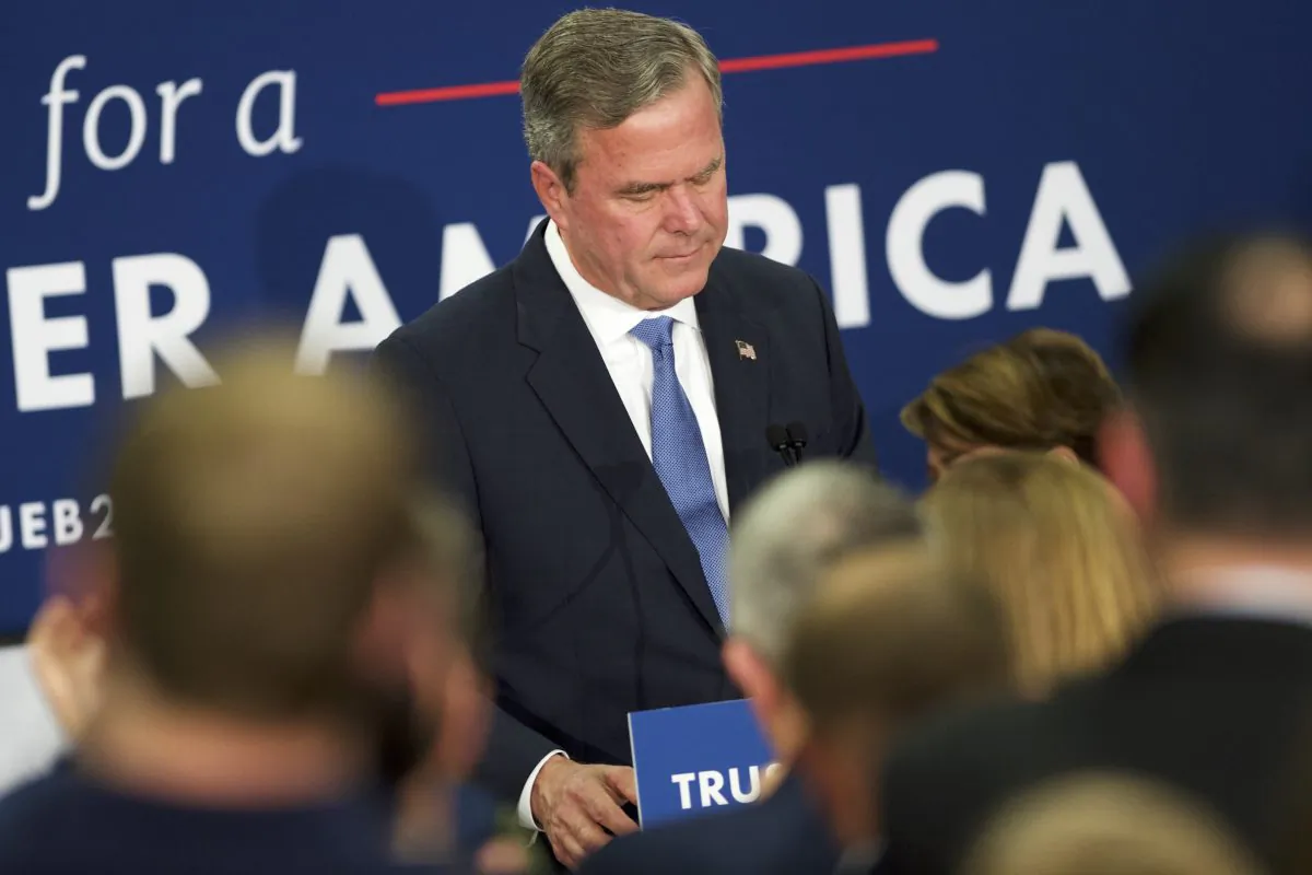 Jeb Bush reacts as he announces the suspension of his presidential campaign during an election night party at the Hilton Columbia Center in Columbia, South Carolina, on Feb. 20. Donald Trump won decisively in the South Carolina Republican Presidential Primary, the "first in the south." ( Makela/Getty Images)