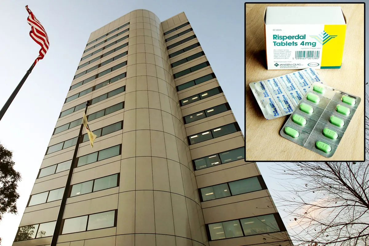Johnson & Johnson corporate headquarters in New Brunswick, N.J., on Nov. 3, 2009. (Mario Tama/Getty Images) Top right: The anti-psychotic drug Risperdal produced by Janssen, a subsidiary of Johnson & Johnson. (Housed, CC BY-SA 3.0)