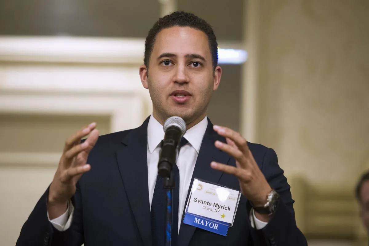 Ithaca, N.Y. Mayor Svante Myrick speaks during at the U.S. Conference of Mayors Winter Meeting in Washington on Jan. 21, 2016. Myrick wants his city to become the first in the U.S. to offer heroin users a safe, controlled place to shoot up. Supervised injection sites, in which a trained medical professional is on hand to deal with overdoses, are already in operation in Europe and Canada, but the idea never gained acceptance in America's law-and-order approach to the war on drugs. (AP Photo/Cliff Owen)