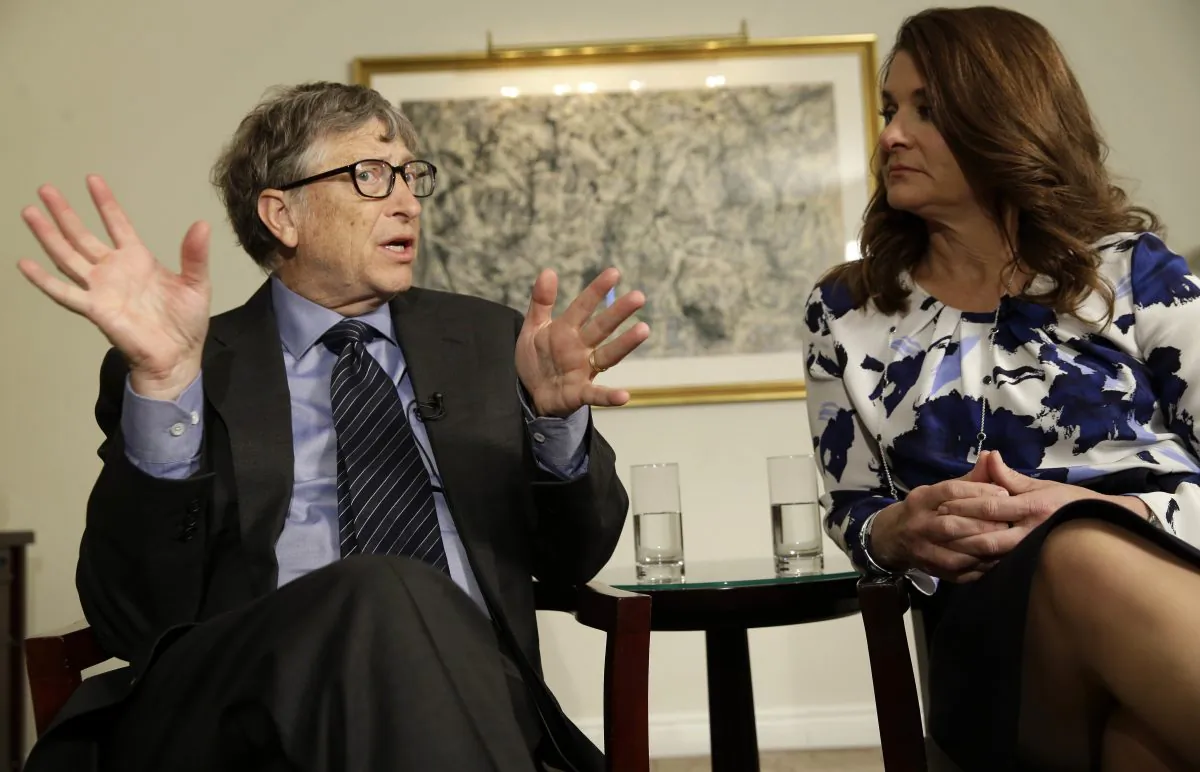 Bill and Melinda Gates talk to reporters about the 2016 annual letter from their foundation, the Bill and Melinda Gates Foundation, in New York, Monday, Feb. 22, 2016. (Seth Wenig/AP Photo)
