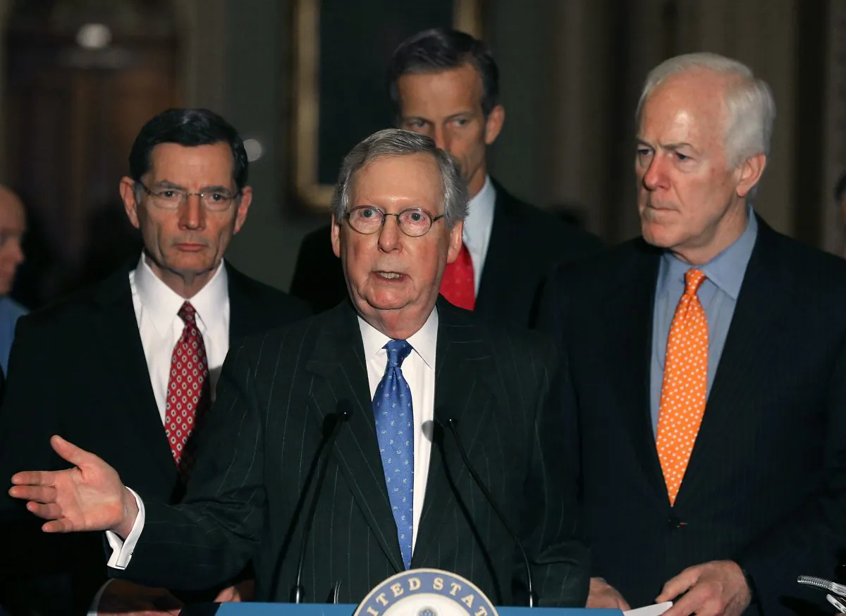 Senate Majority Leader Mitch McConnell (R-Ky.) (C) speaks to the media about the recent vacancy at the U.S. Supreme Court, on Capitol Hill in Washington, D.C., on Feb. 23, 2016. (Mark Wilson/Getty Images)