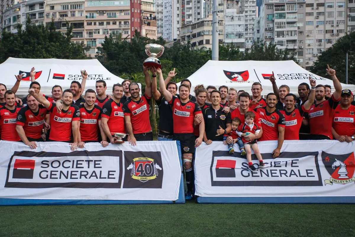 Societe Generale Valley celebrate winning the Premiership League following their win against Sabre Kowloon at Happy Valley on Saturday Feb 20, 2016. Valley ended up clear league winners in this year’s competition with 52 points by winning 14 of the 15 games. (HKRFU)