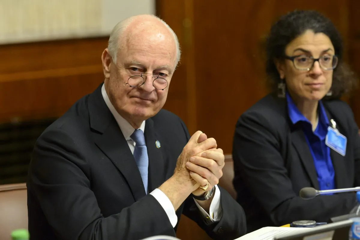U.N. special envoy for Syria, Staffan de Mistura, arrives for the round of negotiation between the Syrian government and the opposition in Geneva, Switzerland, on Jan. 29, 2016. (Martial Trezzini/Keystone via AP)