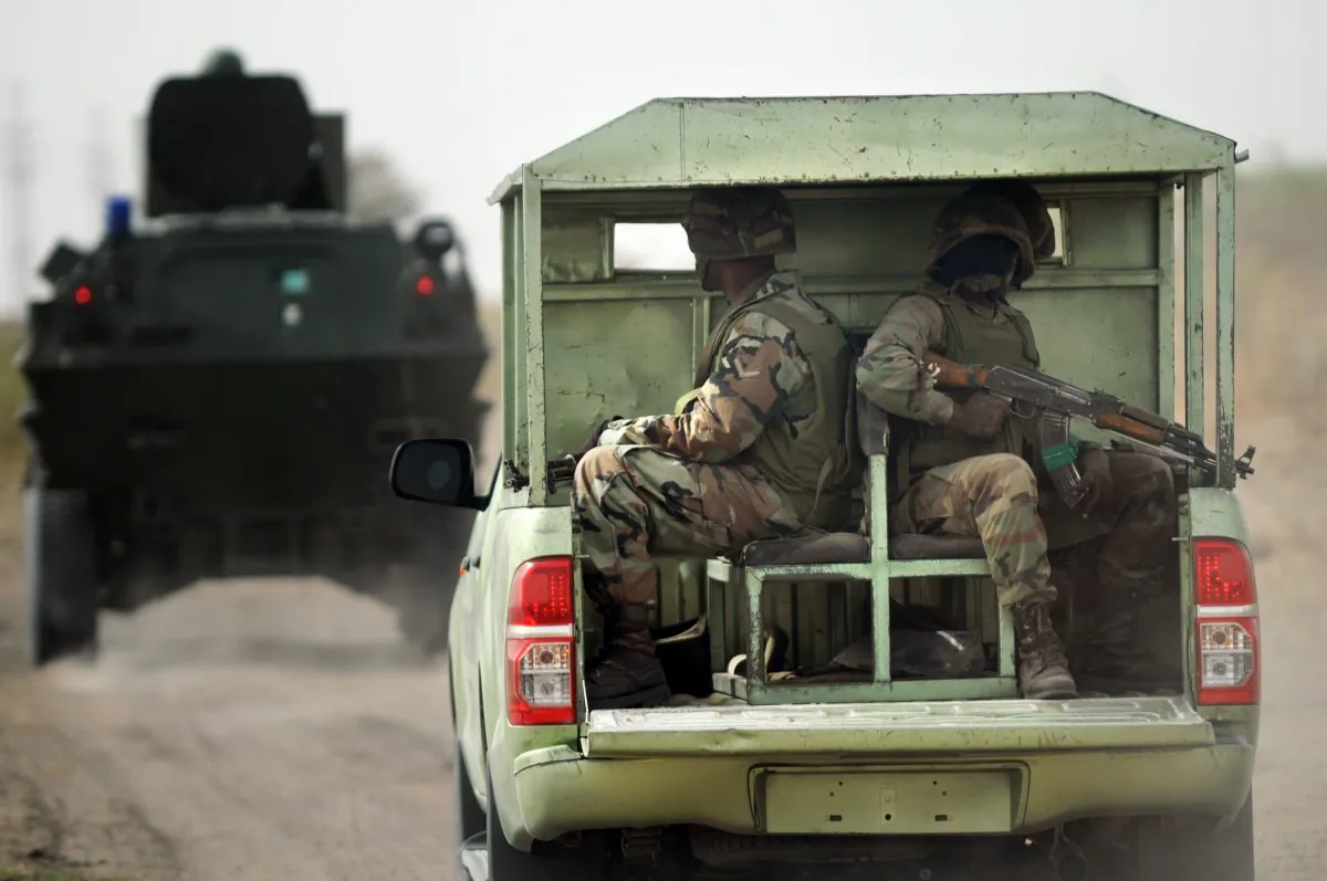 Nigerian soldiers patrol in the north of Borno state close to a Islamic extremist group Boko Haram former camp near Maiduguri on June 5, 2013. (Quentin Leboucher/AFP/Getty Images)