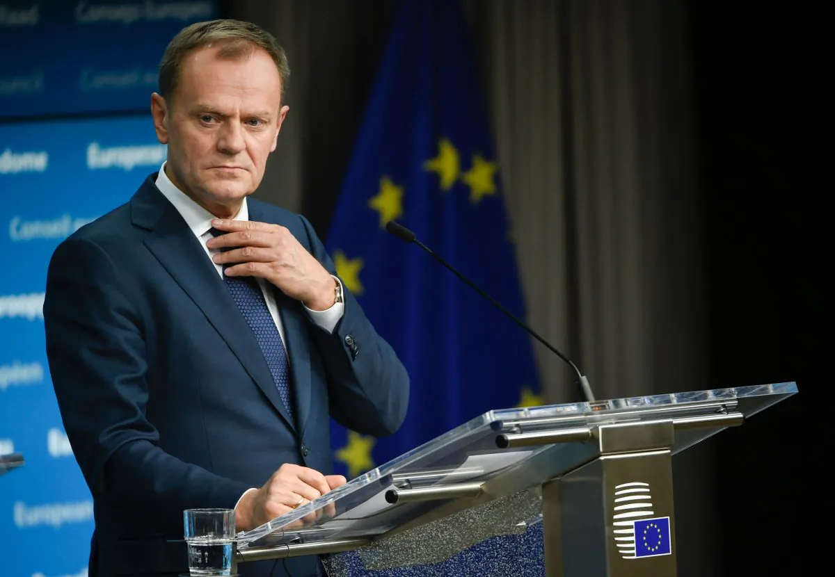EU President Donald Tusk gives a joint press during an European Summit at the EU Headquarters in Brussels on Feb. 20, 2016. (John Thys/AFP/Getty Images)