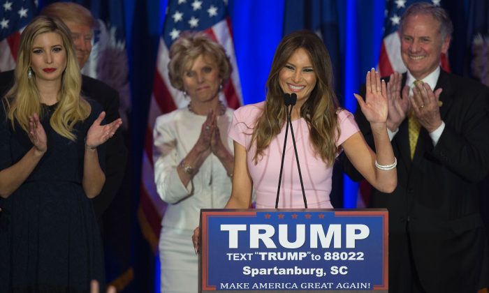 Republican presidential candidate Donald Trump's wife Melania Trump at the South Carolina primary in Spartanburg, South Carolina on February 20, 2016. (JIM WATSON/AFP/Getty Images)