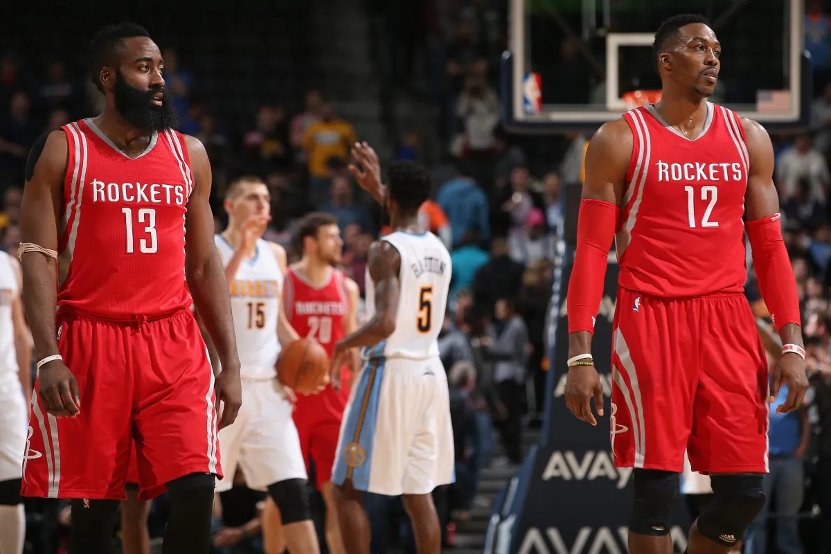 James Harden (L) and Dwight Howard (R) of the Houston Rockets may not be teammates for much longer. (Doug Pensinger/Getty Images) 