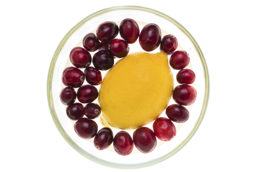 Fresh cranberries floating around a lemon in a small glass bowl (MLRamos/iStock)