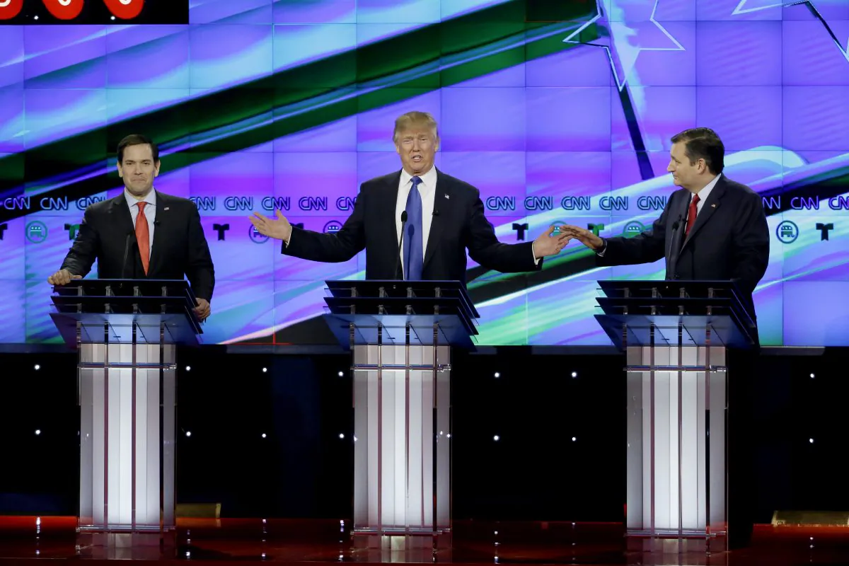 (L-R) Republican presidential candidate, Sen. Marco Rubio, Republican presidential candidate, businessman Donald Trump and Republican presidential candidate, Sen. Ted Cruz, R-Texas, during a Republican presidential primary debate at The University of Houston on Feb. 25. (AP Photo/David J. Phillip)