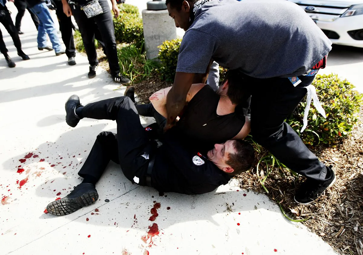 Counter protesters scuffle with a Ku Klux Klansman after members of the KKK tried to start a "White Lives Matter" rally at Pearson Park in Anaheim on Saturday, Feb. 27, 2016. The event quickly escalated into violence and at least two people had to be treated at the scene for stab wounds, (Luis Sinco/Los Angeles Times via AP)