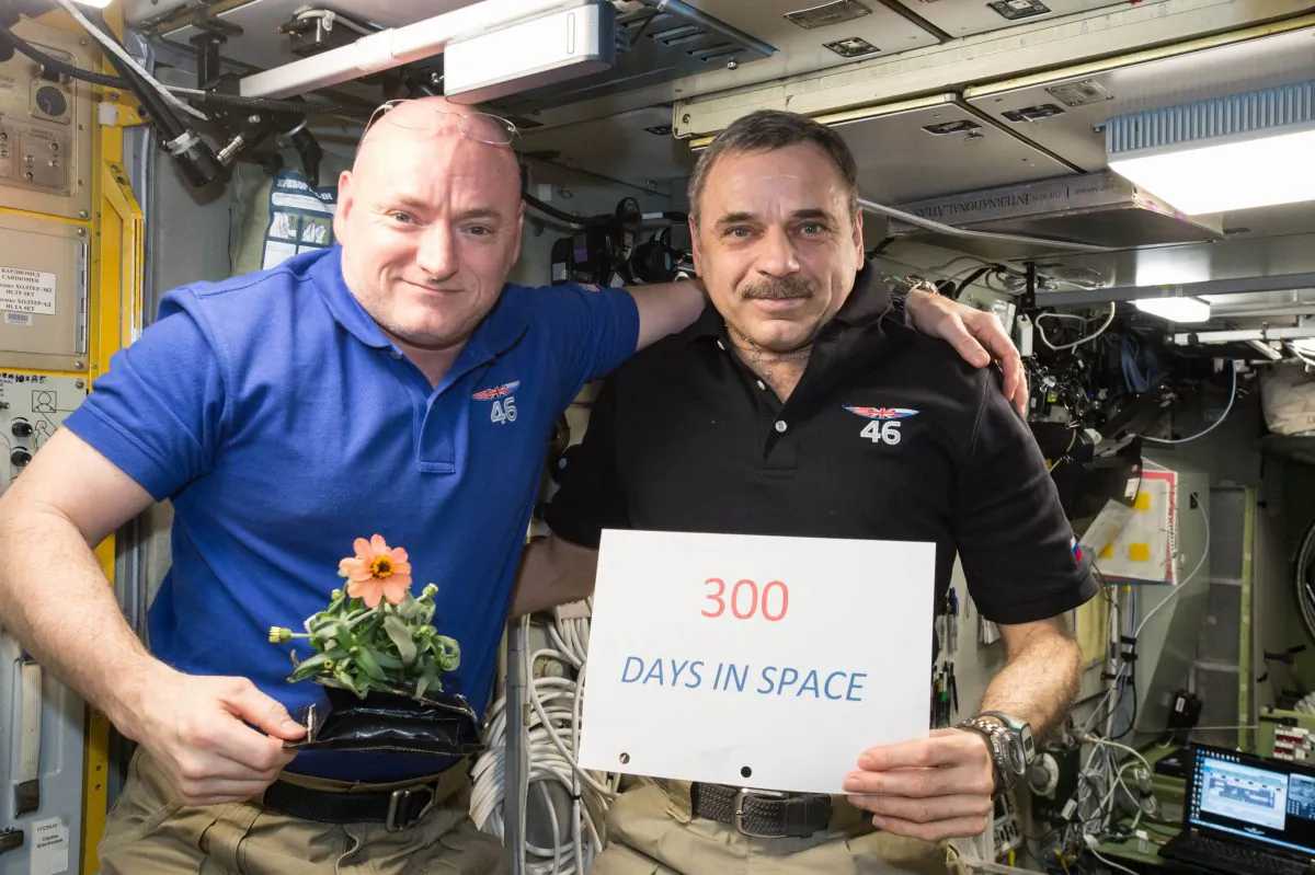 One-year mission crew members Scott Kelly of NASA (L) and Mikhail Kornienko of Roscosmos celebrate their 300th consecutive day in space, on Jan. 21, 2016. (NASA via AP)