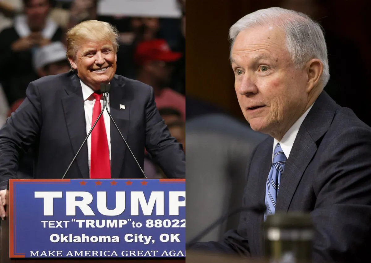 Left: Republican presidential candidate Donald Trump in Oklahoma City, Friday, Feb. 26, 2016. (AP Photo/Sue Ogrocki)
Right: Sen. Jeff Sessions, R-Alabama on Capitol Hill in Washington, Wednesday, Jan. 28, 2015. (AP Photo/Jacquelyn Martin)