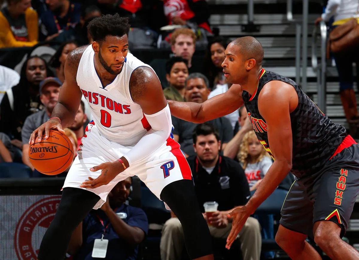 Detroit's Andre Drummond (L) is averaging 16.8 points and a league-leading 15.0 rebounds per game this year. (Kevin C. Cox/Getty Images)