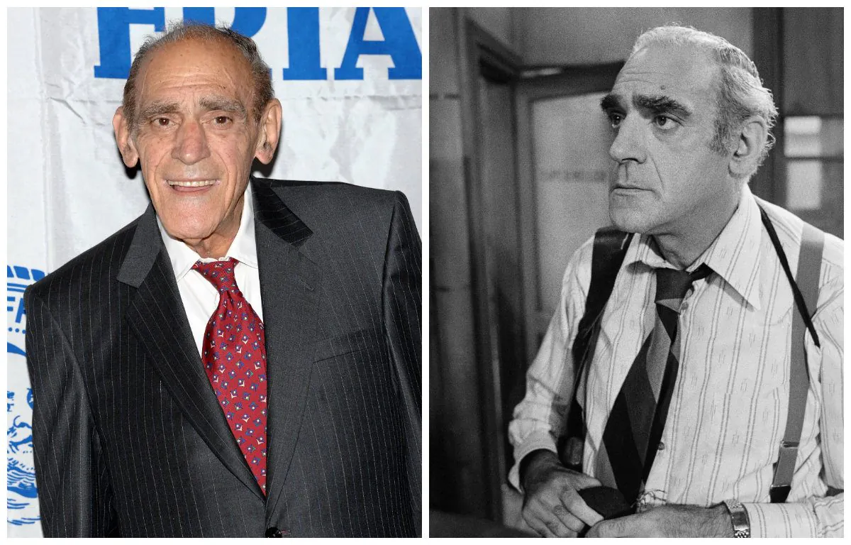 Abe Vigoda: (L) At The Motion Picture Club's Annual Luncheon, Oct. 6, 2005. (Marriott Marquis, NYC) (R) Playing his most famous character, Detective Fish in "Barney Miller," Aug. 8, 1977. (AP Photo/Jeff Robbins)