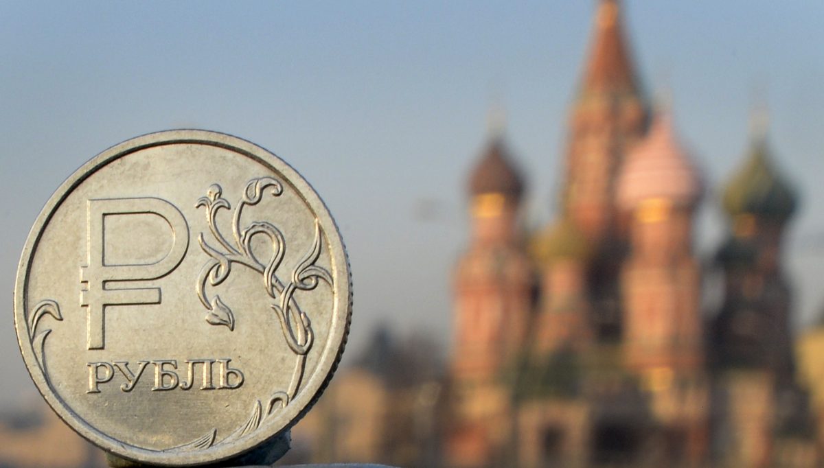 A Russian ruble coin in front of St. Basil Cathedral in central Moscow on Nov. 20, 2014. (Alexander Nemenov/AFP/Getty Images)