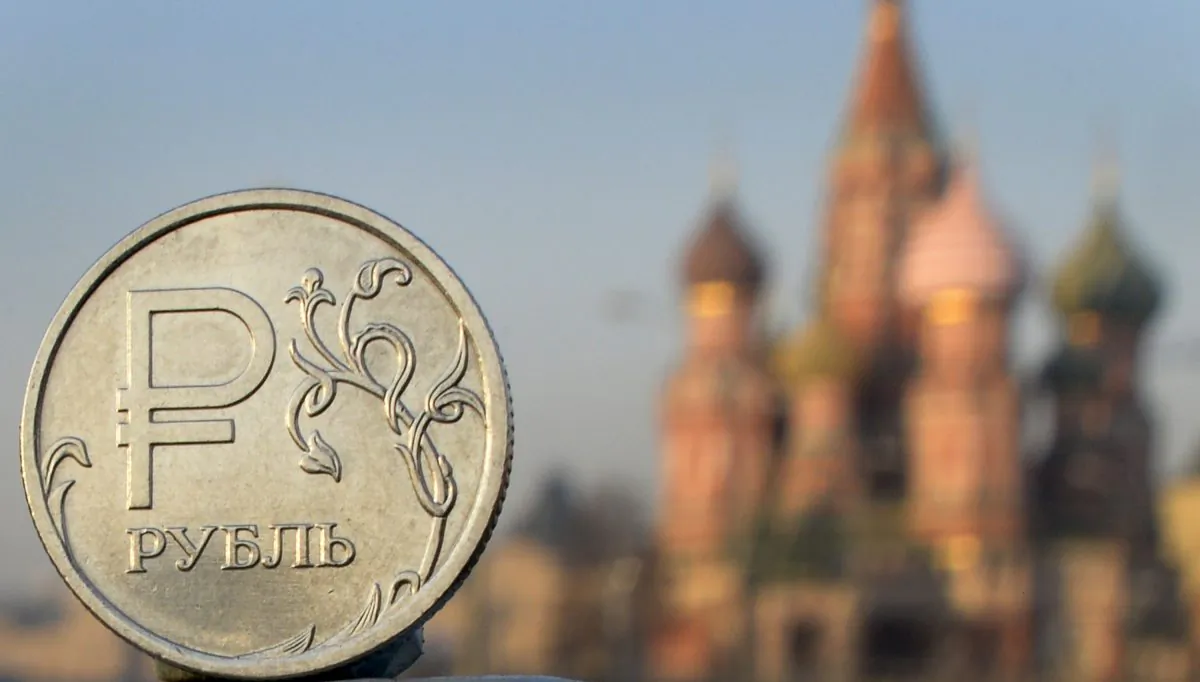 A Russian ruble coin in front of St. Basil Cathedral in central Moscow on Nov. 20, 2014. (Alexander Nemenov/AFP/Getty Images)