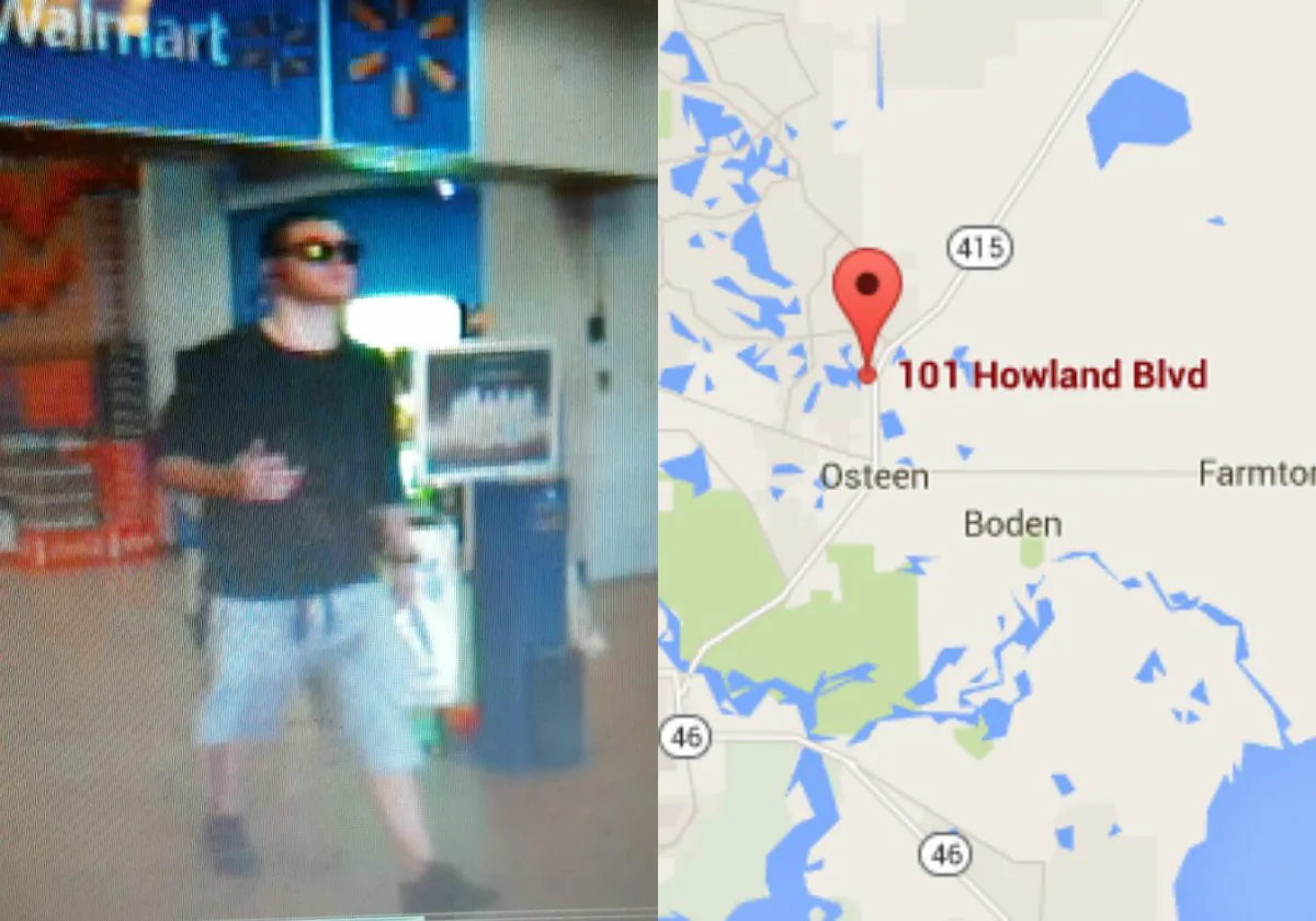 Left: The suspect in the cookie money theft in Deltona, Fla. (Volusia County Sheriff's Office)
Right: The location of the Deltona Walmart. (Screenshot of Google Maps)