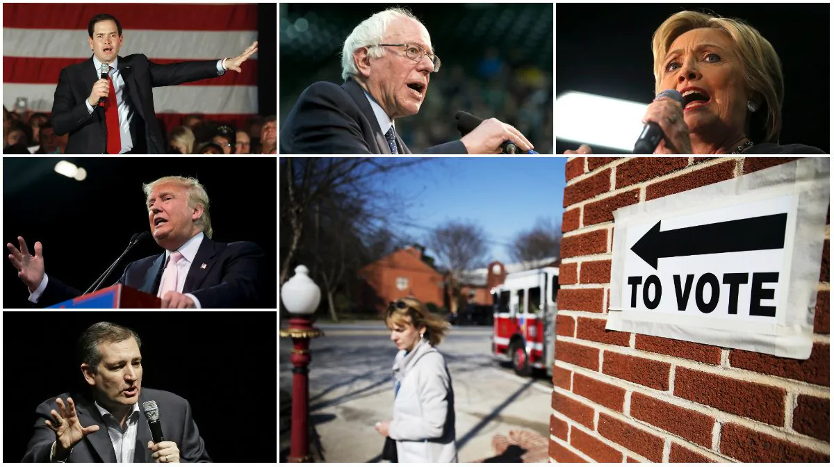 Clockwise from bottom left:  Sen. Ted Cruz, Feb. 29, 2016, in Houston. (AP Photo/Pat Sullivan)
Donald Trump in Valdosta, Ga., Feb. 29, 2016. (AP Photo/Andrew Harnik)
Sen. Marco Rubio, March 1, 2016, in Andover, Minn. (AP Photo/Jim Mone)
Sen. Bernie Sanders in Fort Collins, Colo., Feb. 28, 2016. (AP Photo/Jacquelyn Martin)
Hillary Clinton in Norfolk, Va., Feb. 29, 2016. (AP Photo/Gerald Herbert)
A voter leaves a polling site for Georgia's primary election at a firehouse Tuesday, March 1, 2016, in Atlanta. (AP Photo/David Goldman)