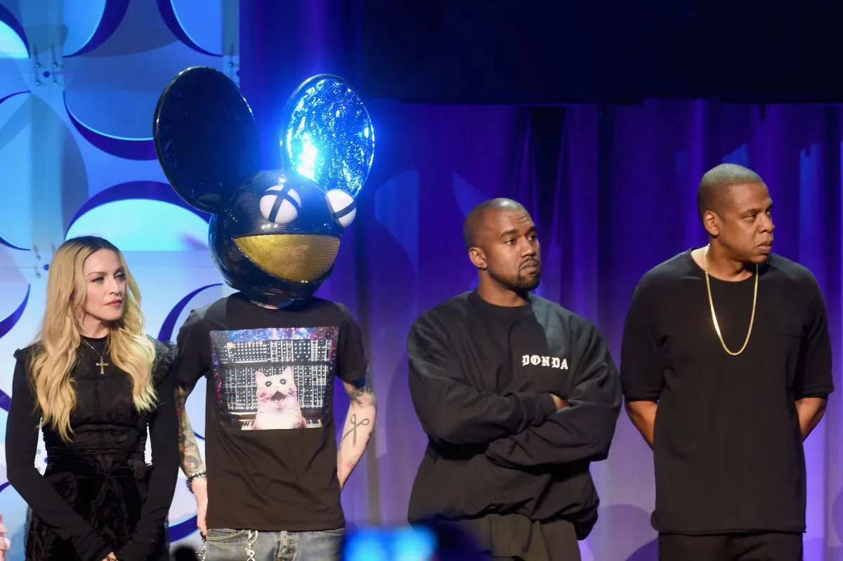 (L-R) Madonna, Deadmau5, Kanye West, and JAY Z onstage at the Tidal launch event #TIDALforALL at Skylight at Moynihan Station on March 30, 2015 in New York City. (Photo by Jamie McCarthy/Getty Images for Roc Nation)